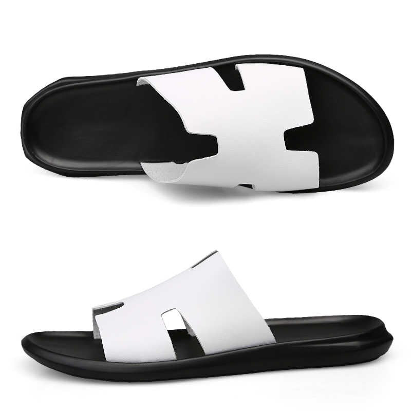 Hot Sale Genuine Leather Men Sandals Slippers Outside Black White Shoes Casual Soft Flip Flops Male Cool Beach Summer Slides - VANANCE