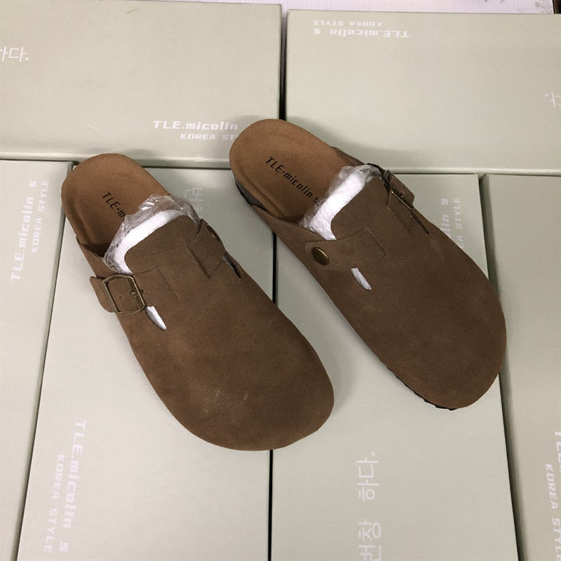 Mr Co Slippers Genuine Leather Round Toe Slippers Couple Slippers Man Outdoor Casual Sandals Women Suede Sandals - VANANCE
