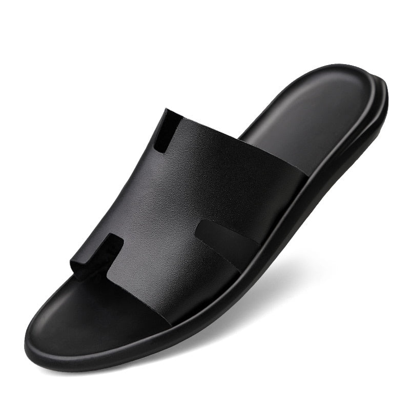 Hot Sale Genuine Leather Men Sandals Slippers Outside Black White Shoes Casual Soft Flip Flops Male Cool Beach Summer Slides - VANANCE
